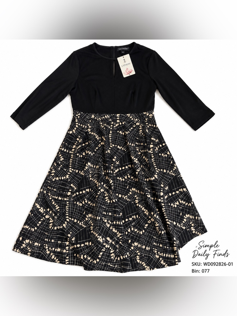 YATHON Women’s M Black Fit Flare Dress NWT Pleated Pockets 3/4 Sleeve
